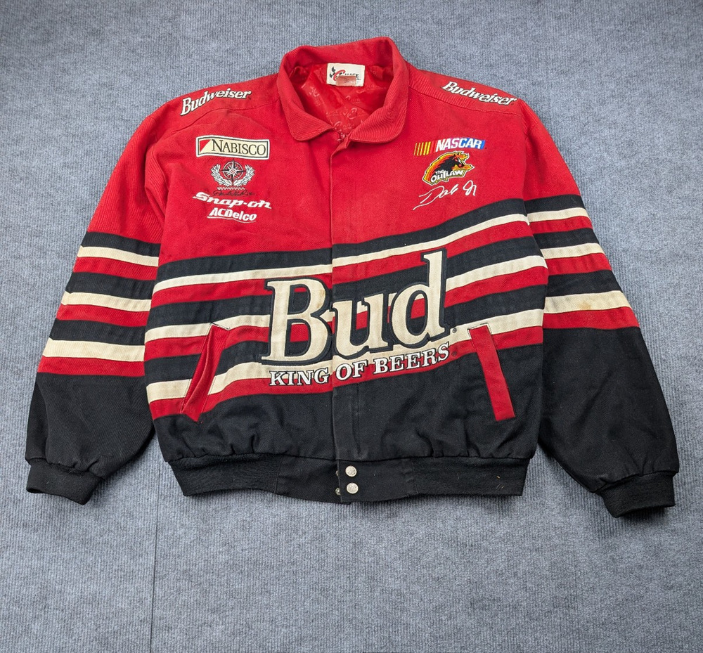 Vintage Nascar Bomber Jacket Mens Large Chase Authentics Budweiser Logo Spellout